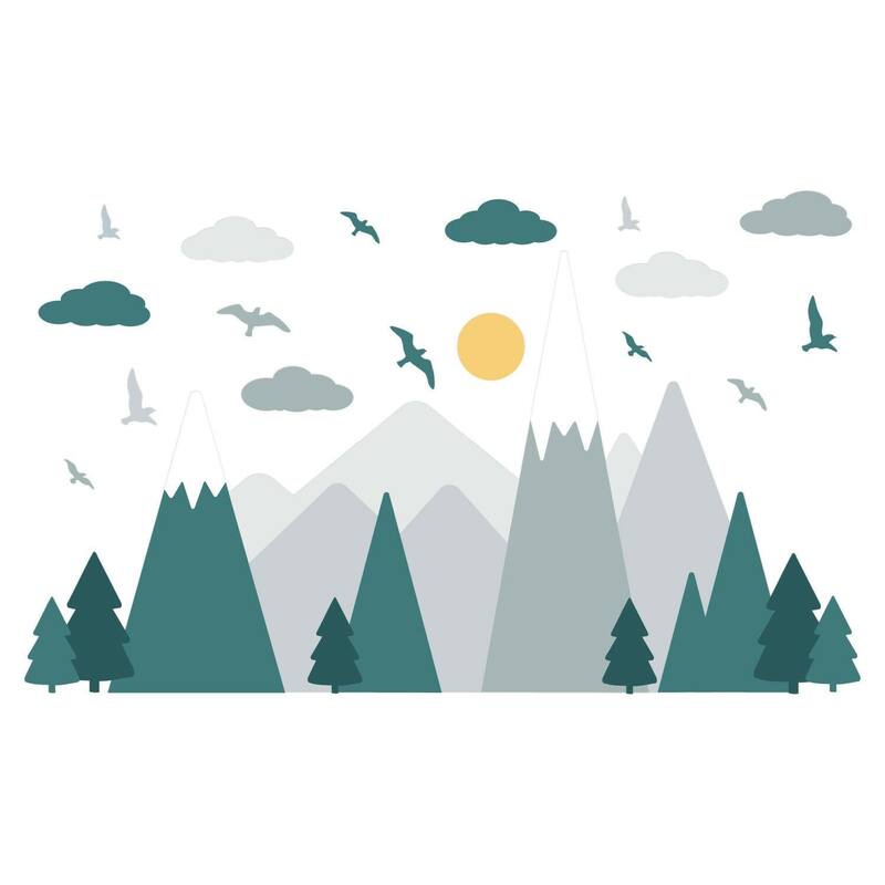 Walplus Green Grey Mountains Landscape Clouds Birds Children Wall Stickers