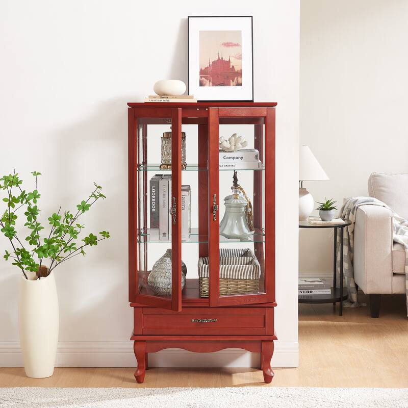 Lighted Glass Display Cabinet Glass Wine Cabinet with Adjustable Glass Shelves Two Doors and One Drawer Bulb - Cherry