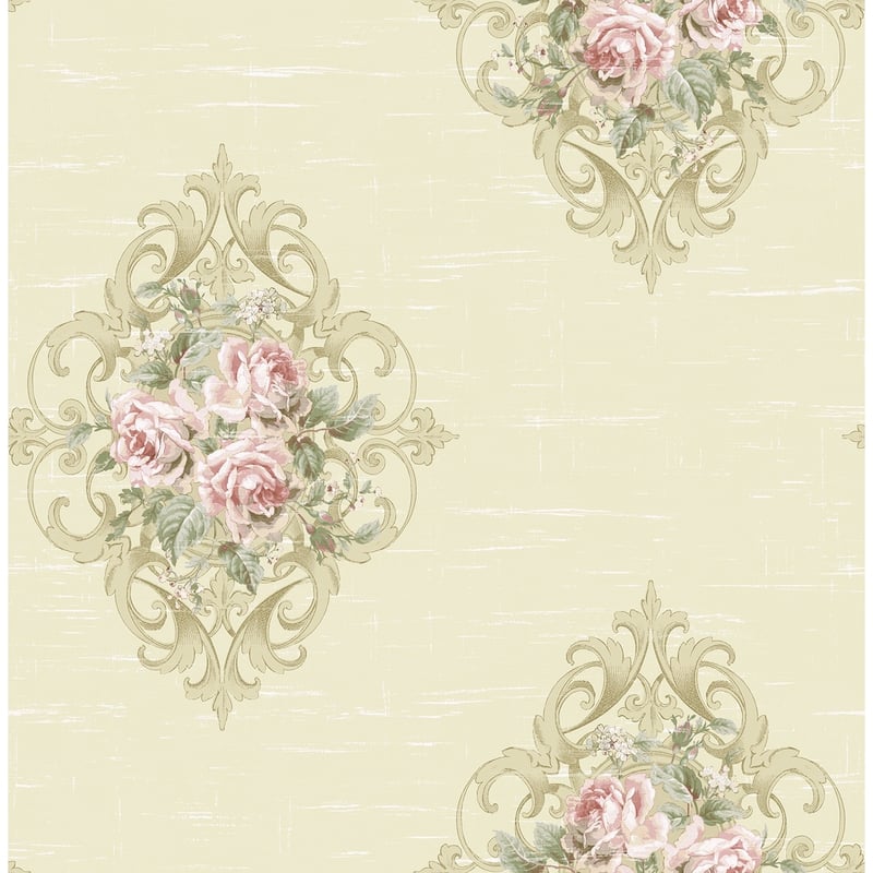 Seabrook Designs Creswell Floral Cameo Unpasted Wallpaper - 20.5 in. W x 33 ft. L - Metallic Parchment & Bubblegum