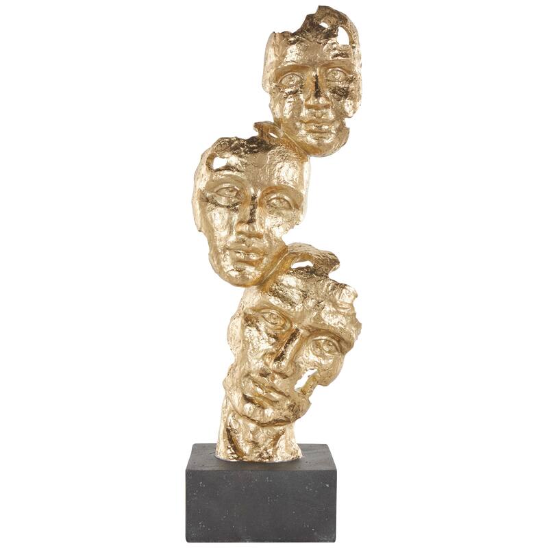 Gold Polystone Stacked Face Cutout Mask Sculpture with Black Block Base