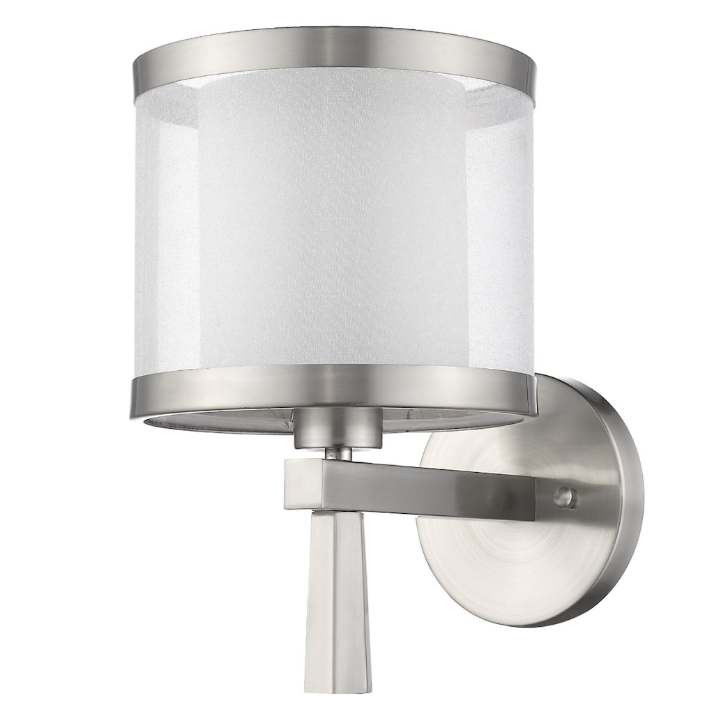 Brushed Silver Wall Light Fixture with White Silk Shade and Hardwired Sconce for Bedroom or Hallway - 13" H x 8" W x 11" D