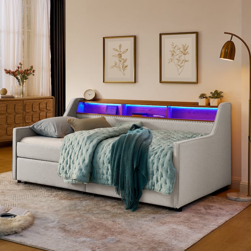 Anmytek Beige Linen Upholstered Twin Sofa Bed with LED Lights and Wireless Charging - Beige