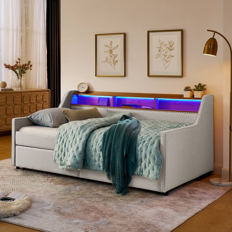 Ouyessir Modern Upholstered Tufted Twin Daybed with Trundle & Drawers