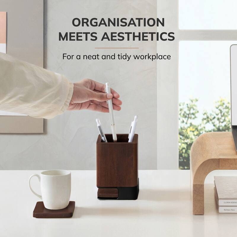 Jani Wooden Pen Cup Holder with 2 Coasters - Stained Mango Wood & Powder-Coated Metal Organizer for Home, Office & Living Spaces
