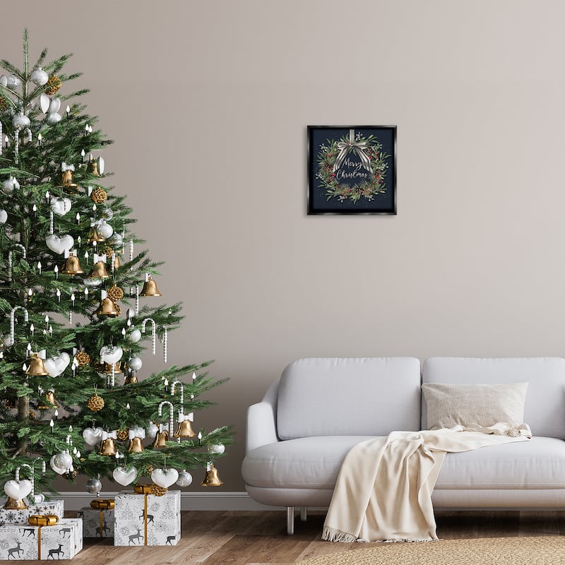 Stupell Hanging Christmas Wreath with Bow Framed Floater Canvas Wall Art Design By Elizabeth Tyndall