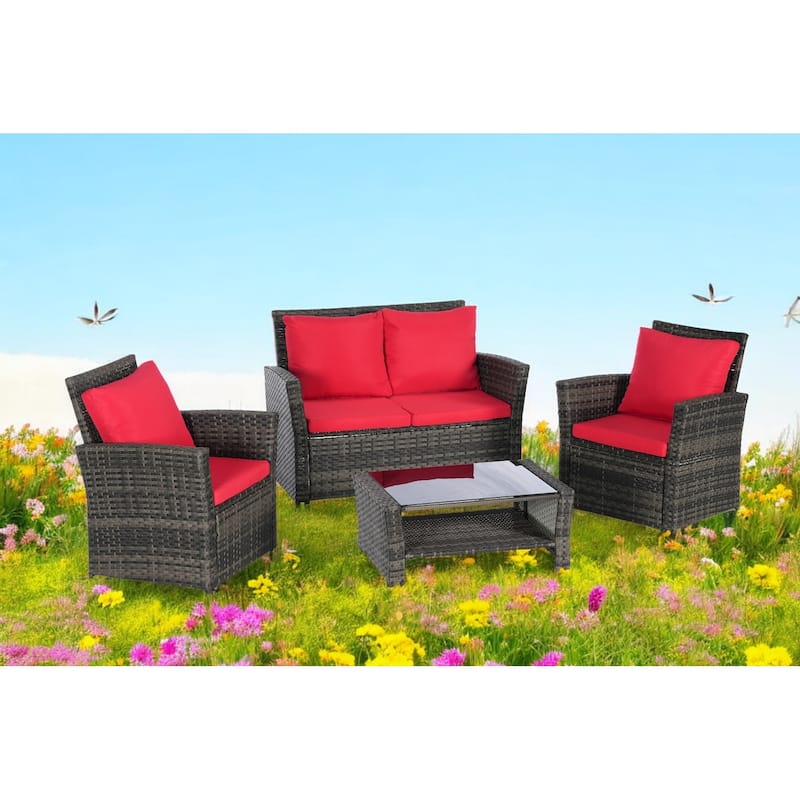 4-Piece Outdoor Patio Furniture Set, Garden Wicker Sofa with Poolside Lawn Chairs, Red Cushions, All-Weather Modular Design