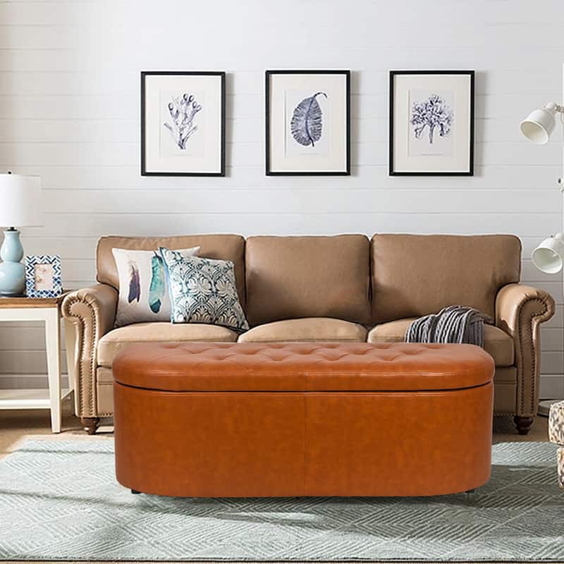 Adeco Button Tufted Storage Ottoman Faux Leather Bench