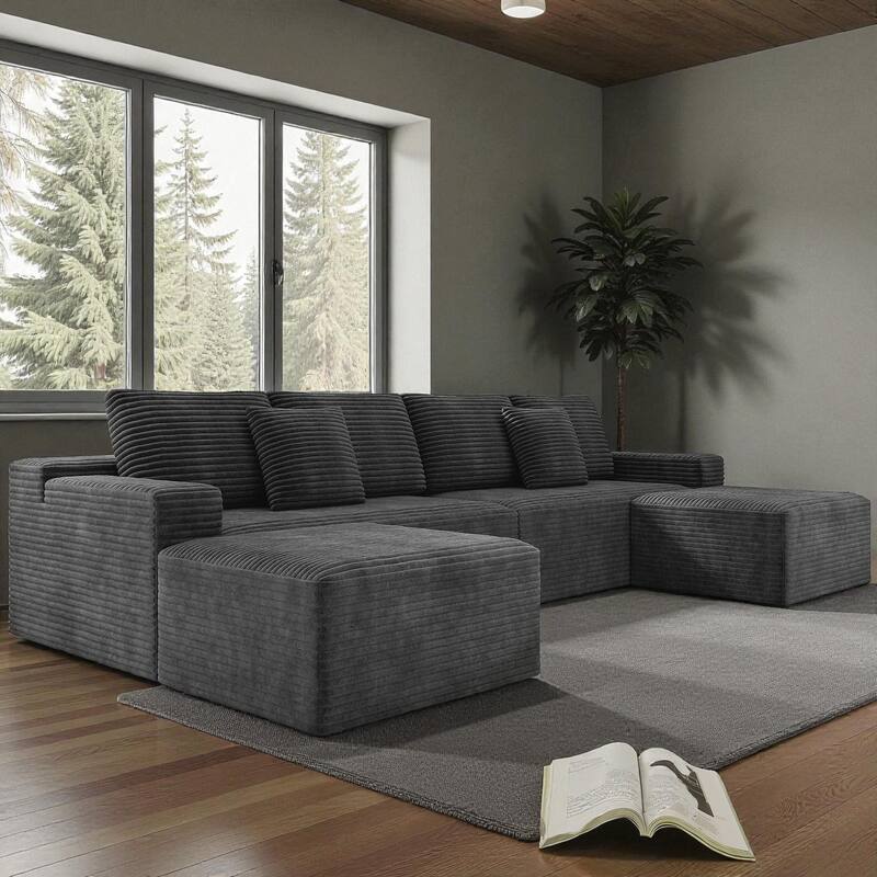 137.8" Modular Sectional Sofa 4-Piece Upholstered Corduroy Couch No Assembly Required, Plush Foam Seating for Living Room