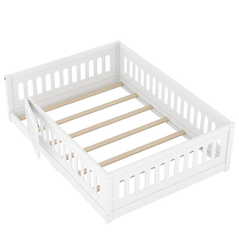Solid Wood Montessori Floor Bed with Fence & Doors, Wood Slats Support