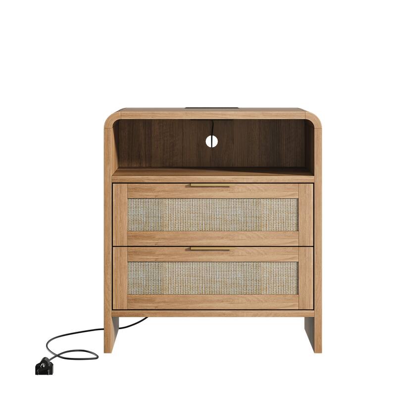 22.8" Rattan Nightstand with Charging Station, 2 Drawers & Open Shelf, Curved Modern Bedside Table