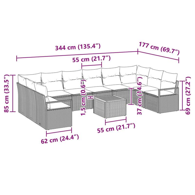 vidaXL 11 Outdoor Sofa Set with Cushions Black/Grey Poly Rattan - 135.4 x 69.7 x 27.2