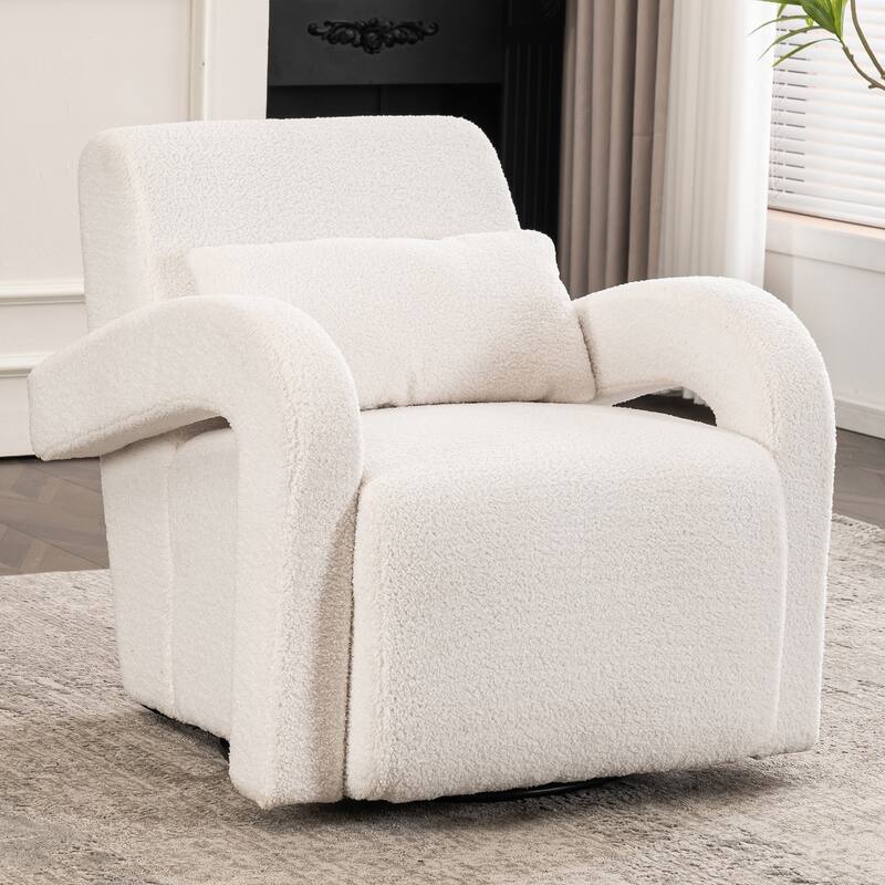 Modern Sturdy Lounge Chair Teddy Fabric Armchair with Curved Arms - White