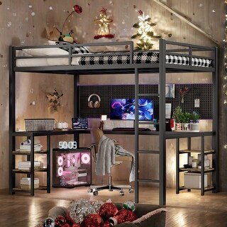 Full XL Metal Loft Bed with Desk and Shelves,