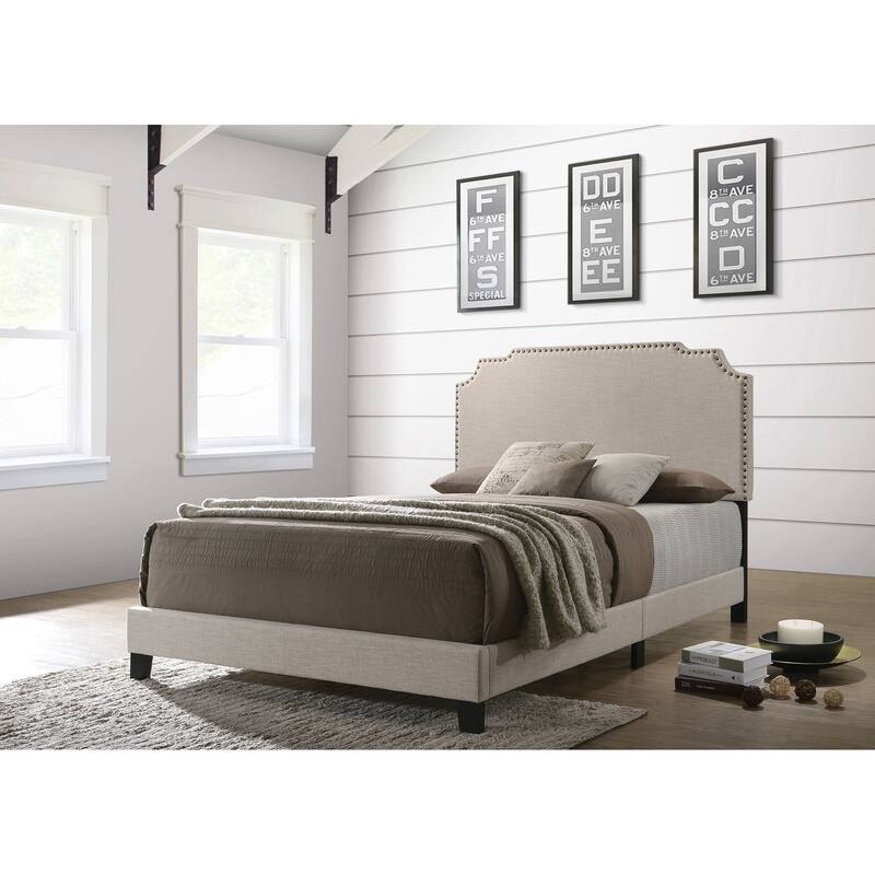 Beige Upholstered Eastern King Panel Bed with Structured Headboard and Footboard - Beige