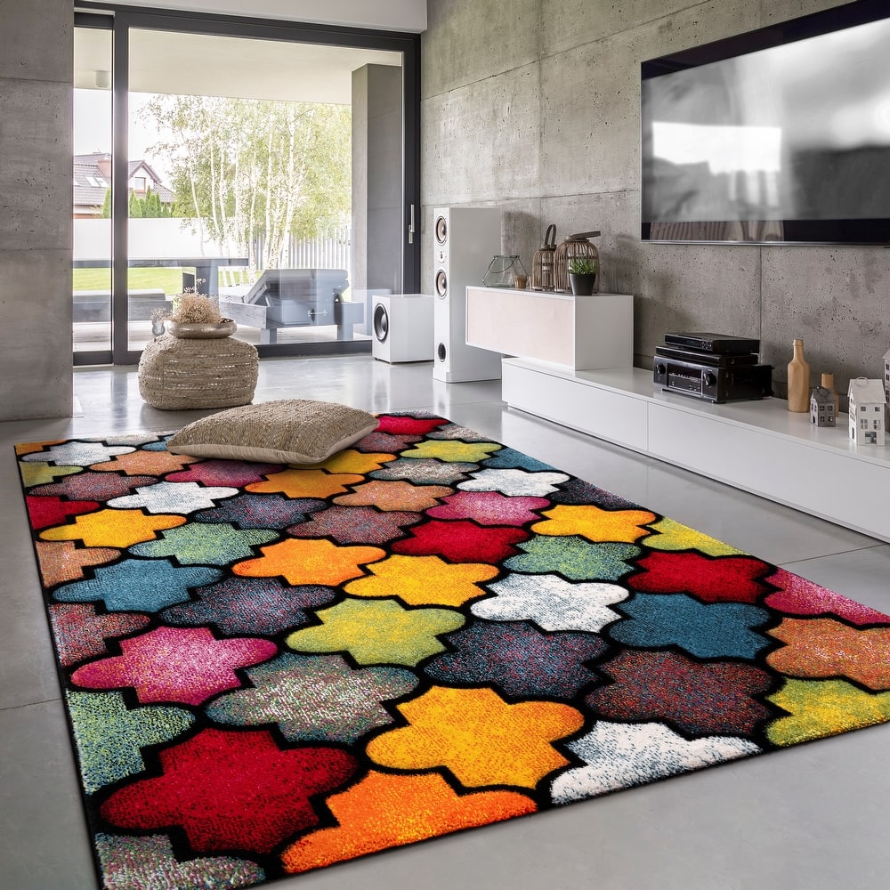 Colorful Area Rug With Moroccan Pattern in Multicolor