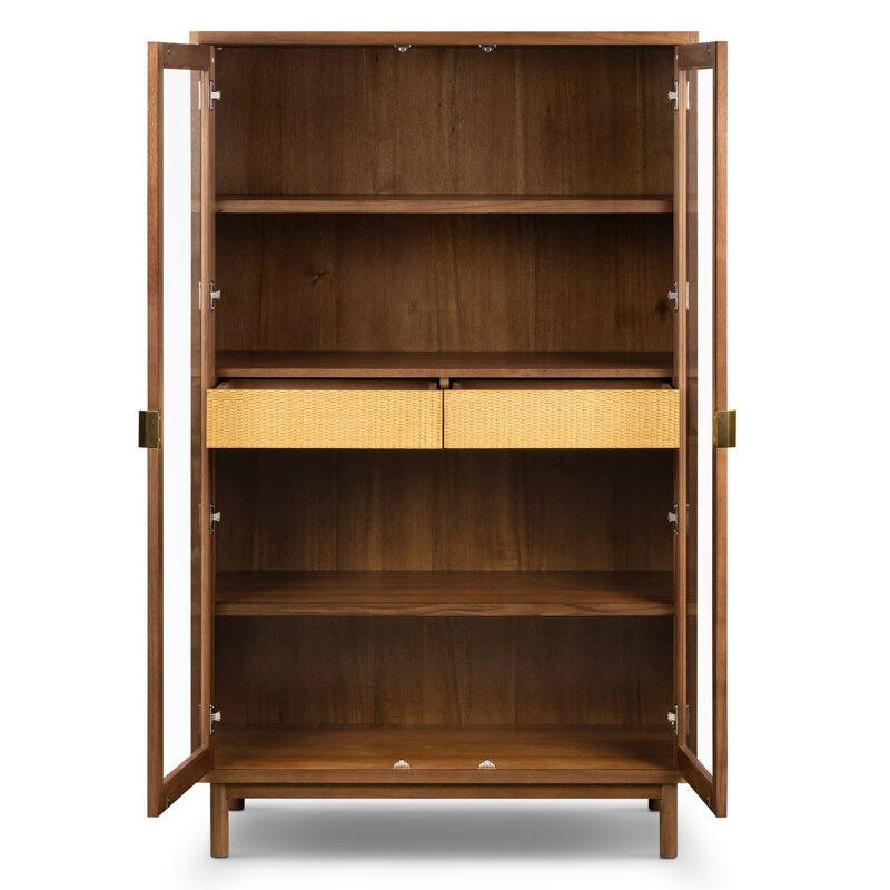 Nuvon Walnut-Finished Acacia Wood Cabinet with Double Glass Doors