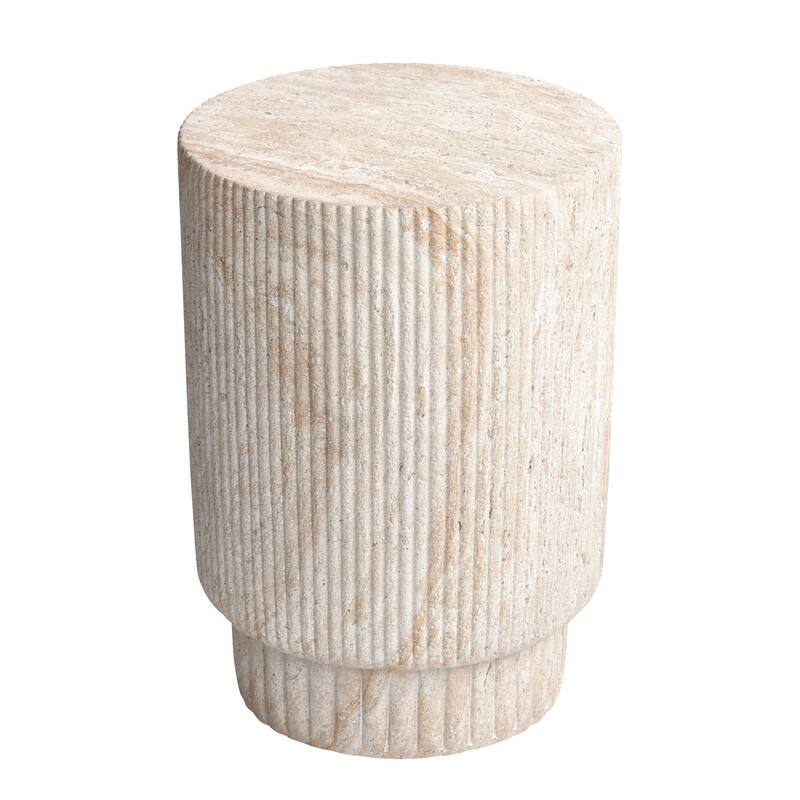 Column Travertine Stone Finish Italian Design MgO Side Accent Table - 13.3"x13.3"x18.7"