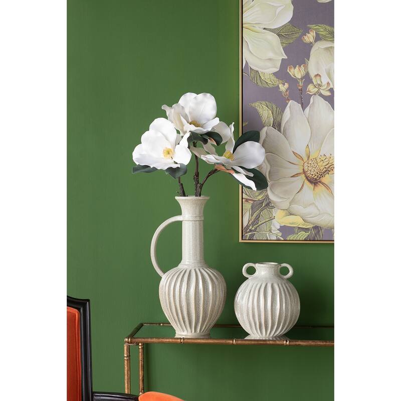 9x9x10" Decorative Round Ceramic Flower Vase with Small Handles and Textured Motif, Gold