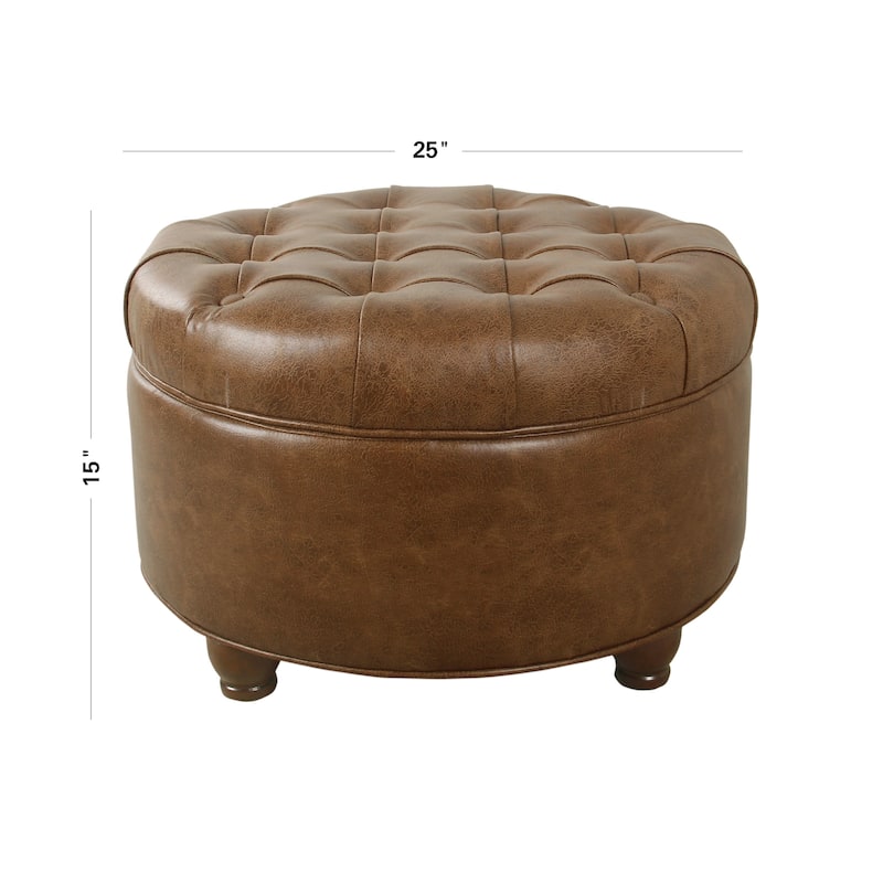 Gery Accent Storage Ottoman, 25 Inch Round Tray Top Brown Faux Leather