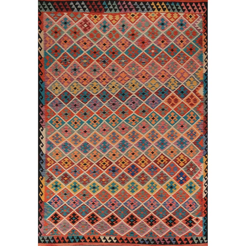 Flat Weave Trellis Kilim Oriental Area Rug Flatweave Wool Carpet - 7'10" x 11'5"