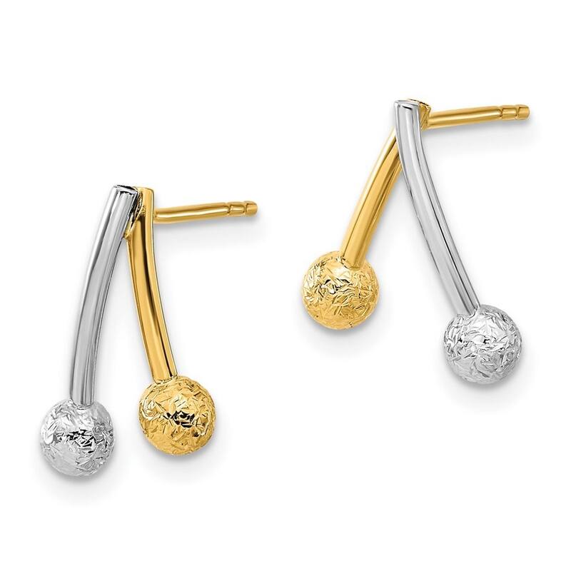 Curata 14k Two tone Gold Polished and Textured Bar and Bead Post Earrings 16x9mm