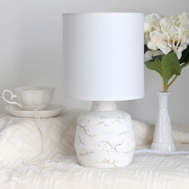 Modern Ceramic Table Lamp with Fabric Drum Shade Compact Marble Inspired Design - 7.09” x 7.09” x 13.30”