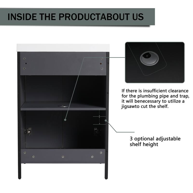 24" Freestanding Bathroom Vanity with Resin Sink & 2 Soft-Close Cabinet Doors (KD-Packing)