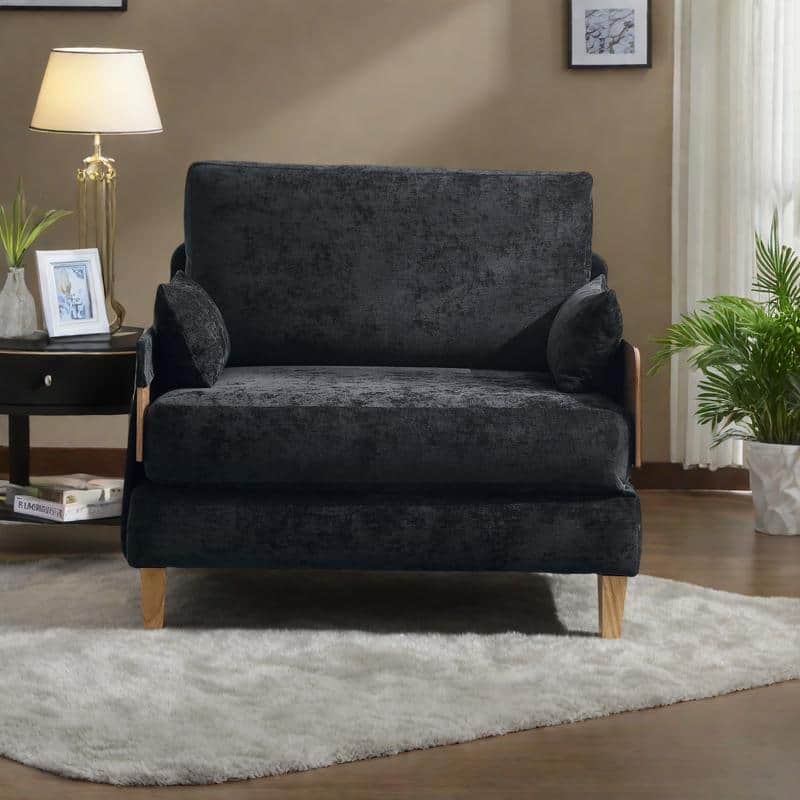 Chenille 3-in-1 Convertible Sofa Bed Chair with 3 Pillows and Storage Pockets - Black