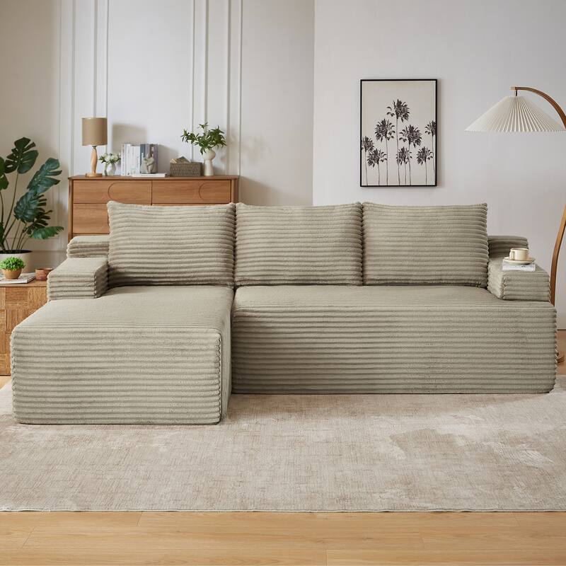 Corduroy Upholstery Cloud Modular Sectional Sofa with Chaise and Pillows, All-Foam Compression Design