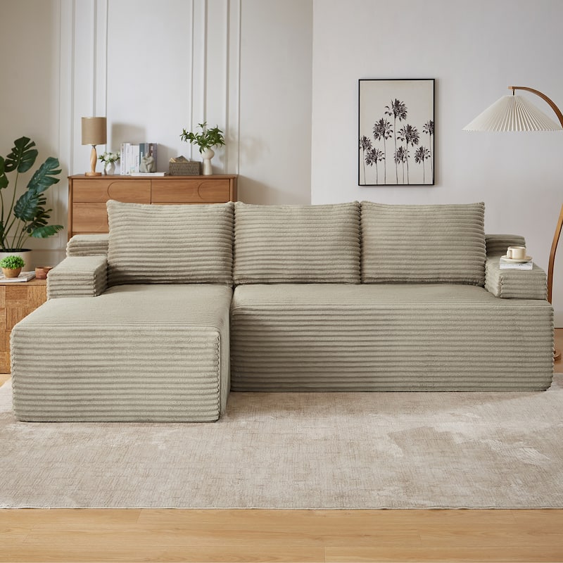 Rossetta L-Shaped Left-Facing Modular Classic Corduroy Fabric Striped Sectional Sofa with Deep Seat - Camel