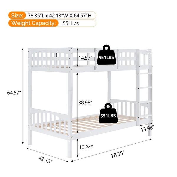 White Bunk Bed Twin Over Twin with LED Lights and USB Port Charge Station