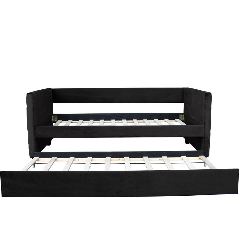 Modern Twin Size Daybed with Trundle, Upholstered Black Velvet Sofa Bed Frame with Gold Accents, Space-Saving Guest Bed