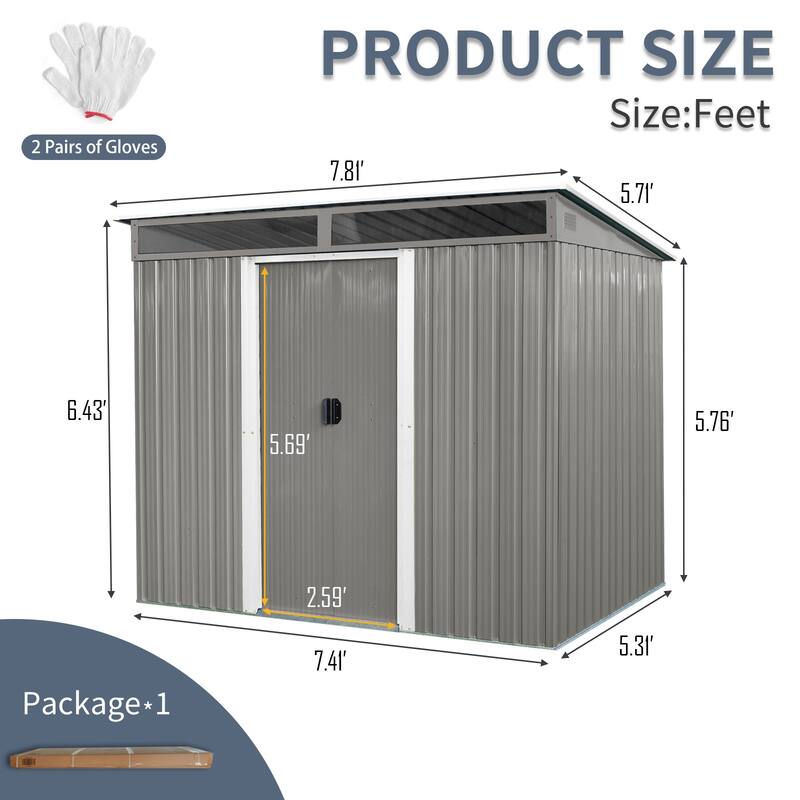 8ft x 6ft Outdoor Metal Storage with Lockable Sliding Doors and Transparent plate for Garden, Lawn