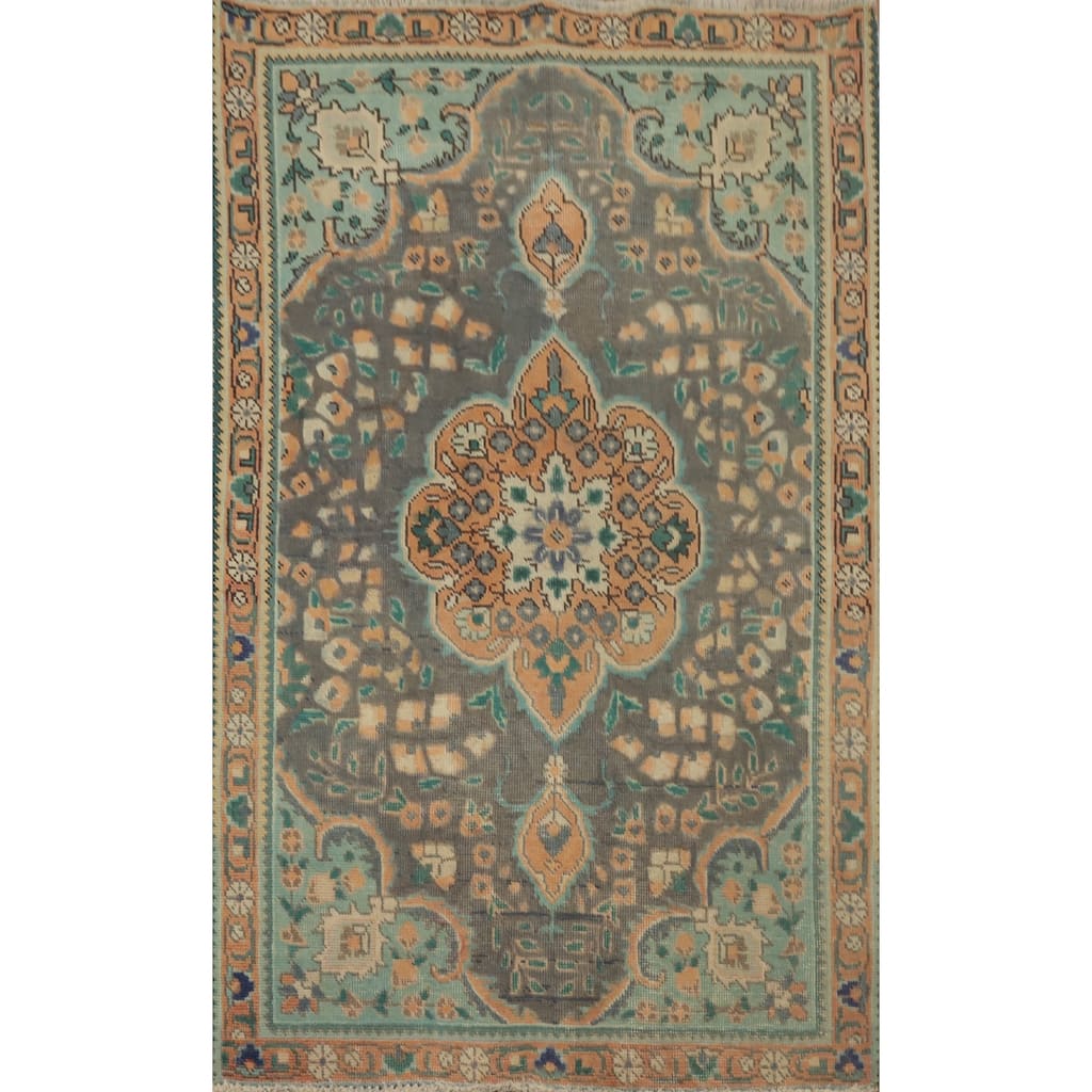 Hand Knotted Oriental 100% Wool Carpet Traditional Floral Greys & Charcoal Tabriz Area Rug - 4' 7'' X 3' 1''
