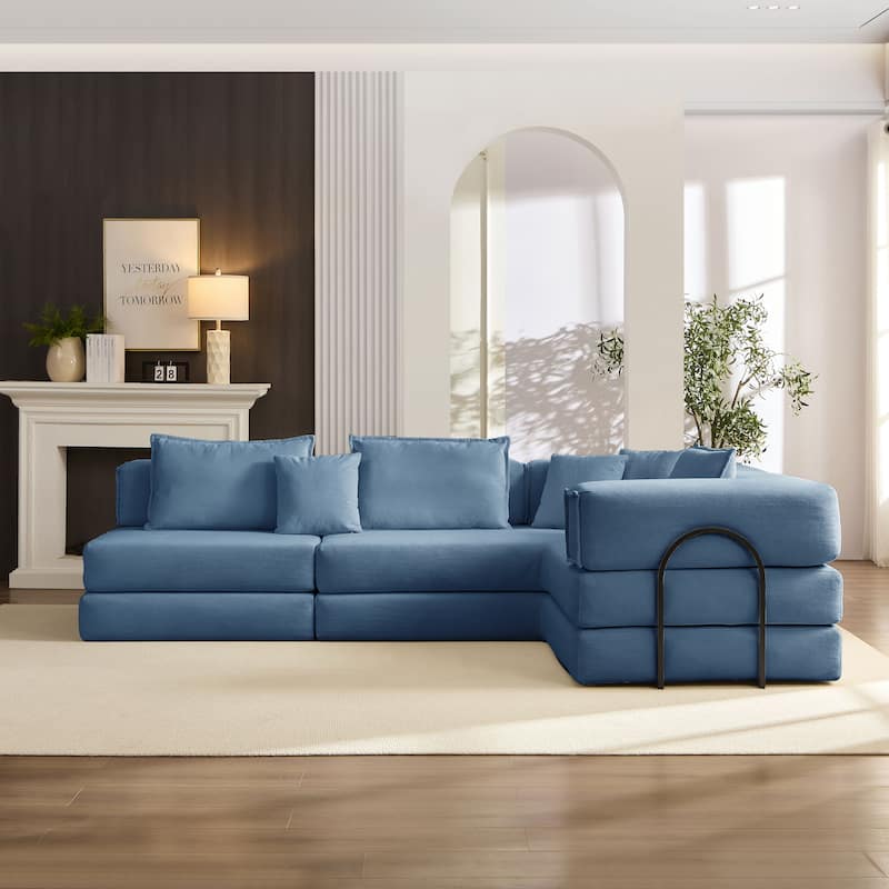 DIY Modular Corduroy L-Shaped Floor Sofa Set with 6 Pillows