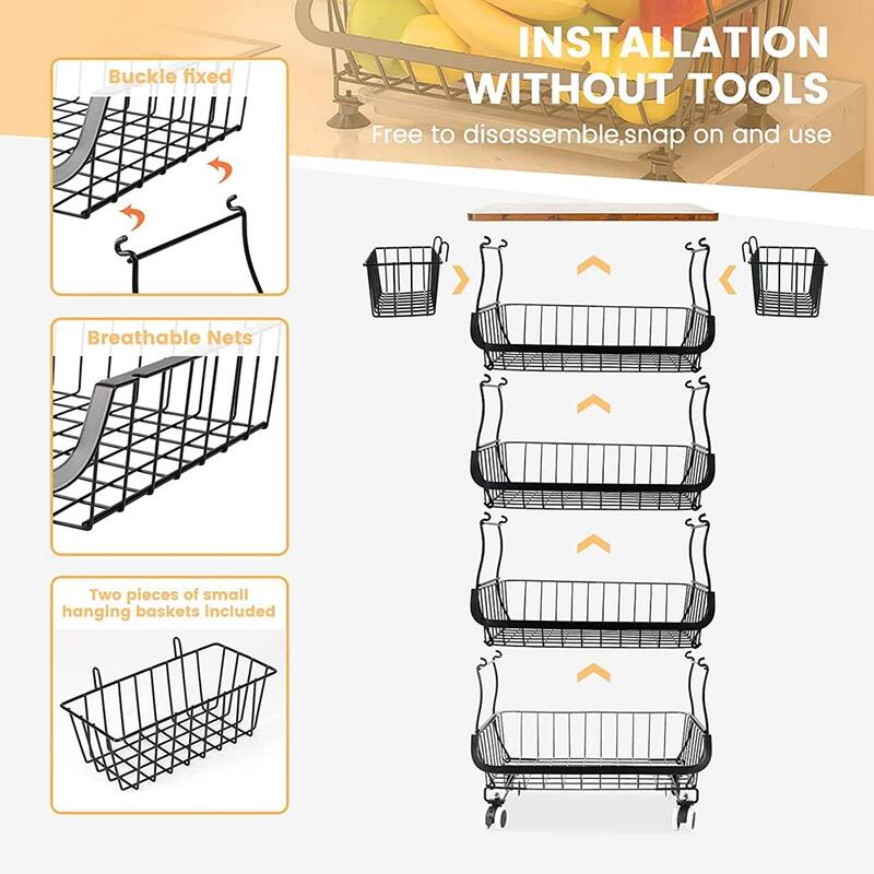 5/6-Tier Stackable Fruit Basket, Rolling Metal Cart with Wheels