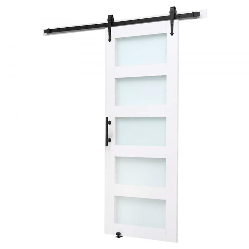 White MDF Sliding Barn Door with Frosted Glass for Bathroom and Kitchen