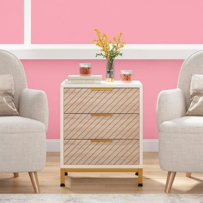 White-Gold Wood Nightstand with Adjustable Foot Pads and Multifunction