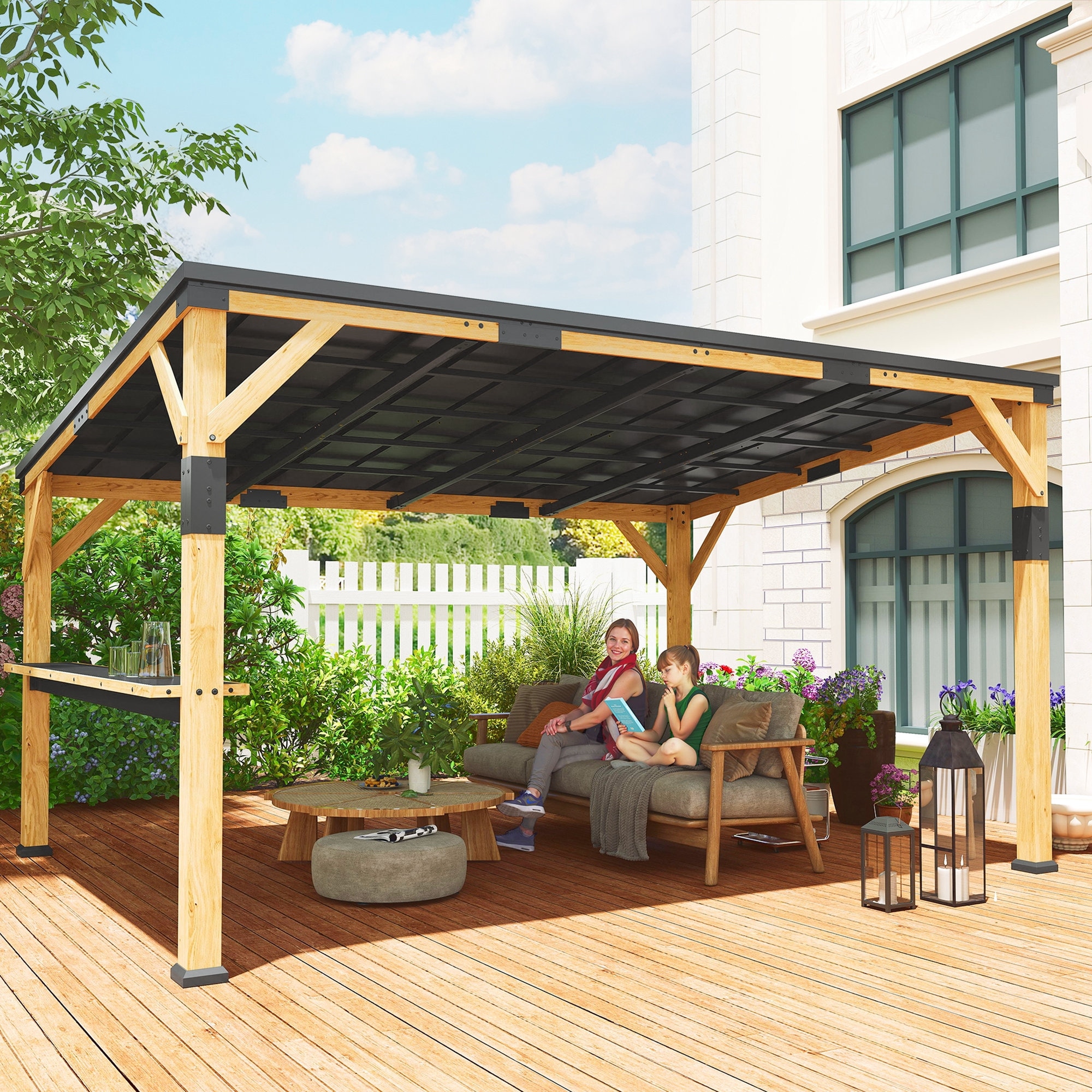 Outsunny 10' x 14' Wooden Gazebo, Hardtop Lean-to Gazebo Pergola with Galvanized Steel Sloped Roof, Bar Shelf, Natural Wood