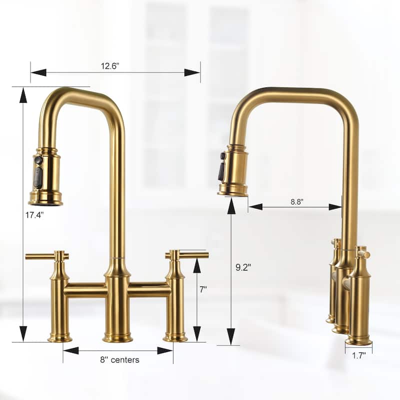 WOWOW Double Handle Bridge Kitchen Faucet with Advanced Spray