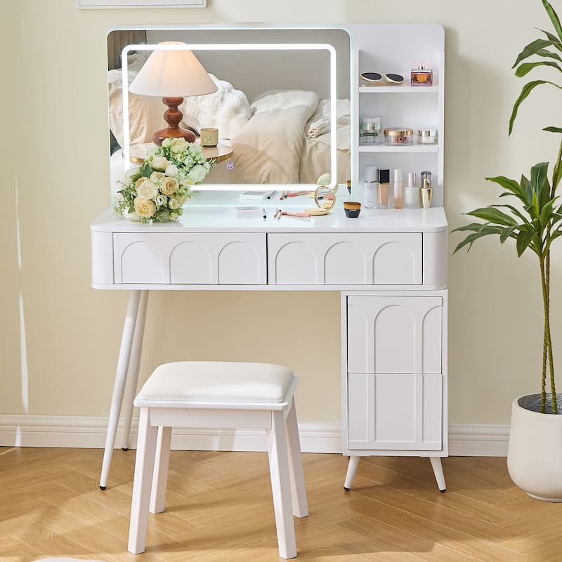 Modern Makeup Vanity Desk with LED Lights & Mirror, Extendable Dressing Table Set with Stool, 4 Drawer & Side Cabinet