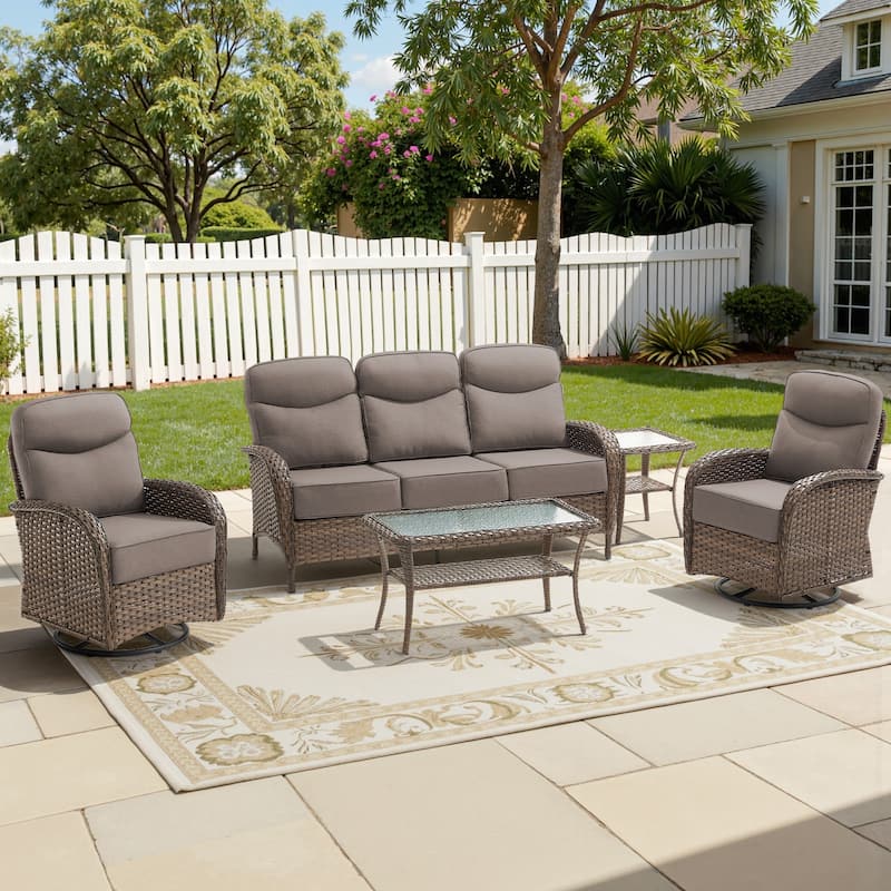 Meyreso 5-Piece Wicker Patio Conversation Set with Swivel Gliders and 6-Inch Thick Olefin Cushions