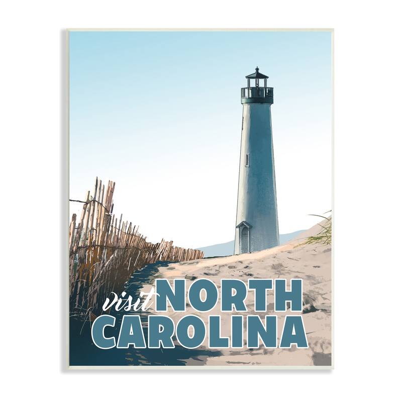 Stupell Visit North Carolina Beach Lighthouse Seaside Sand Wood Wall Art, Design by David Owens Illustration - Multi-Color - 13 x 19