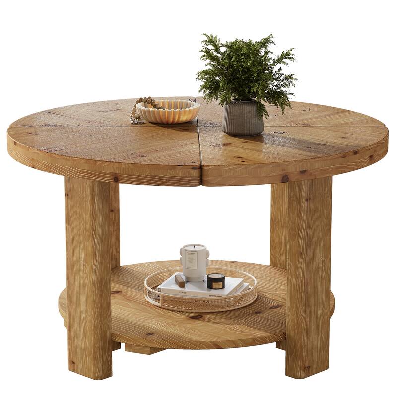 2-Tier Round Coffee Table, 31.5" Farmhouse Solid Wood Coffee Table