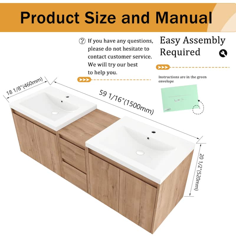 Malwee 36"/48"/60" Floating Bathroom Vanity,Wall Mounted Bathroom Vanity with Sink,Soft Close Door and Drawer