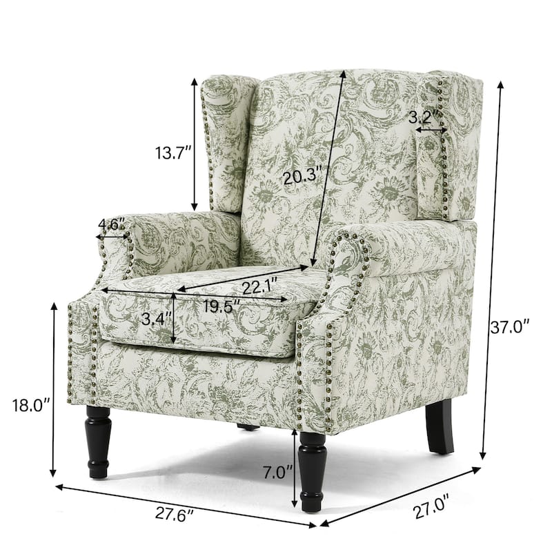 2 Set Transitional Patterned Wingback Accent Chairs with NailHead