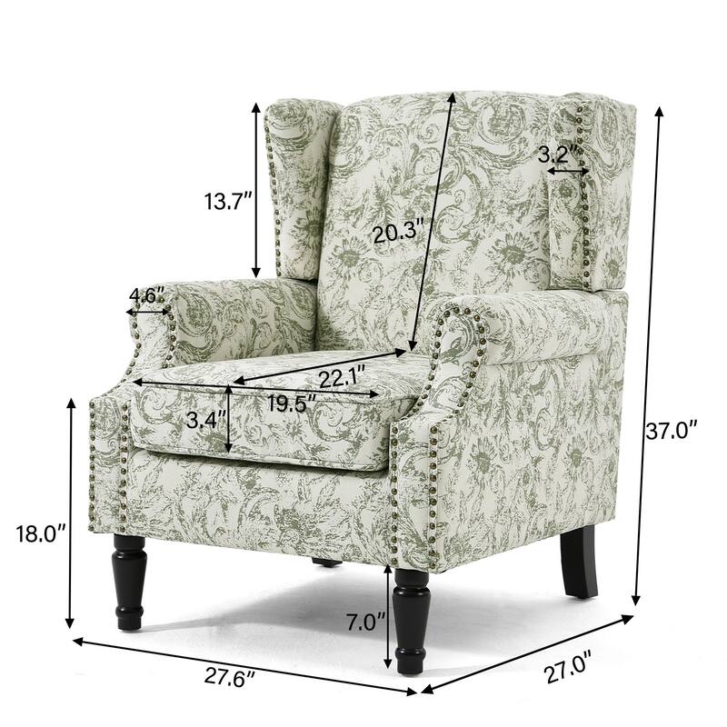 Traditional Floral Patterned Wingback Armchair with Nailhead Trim