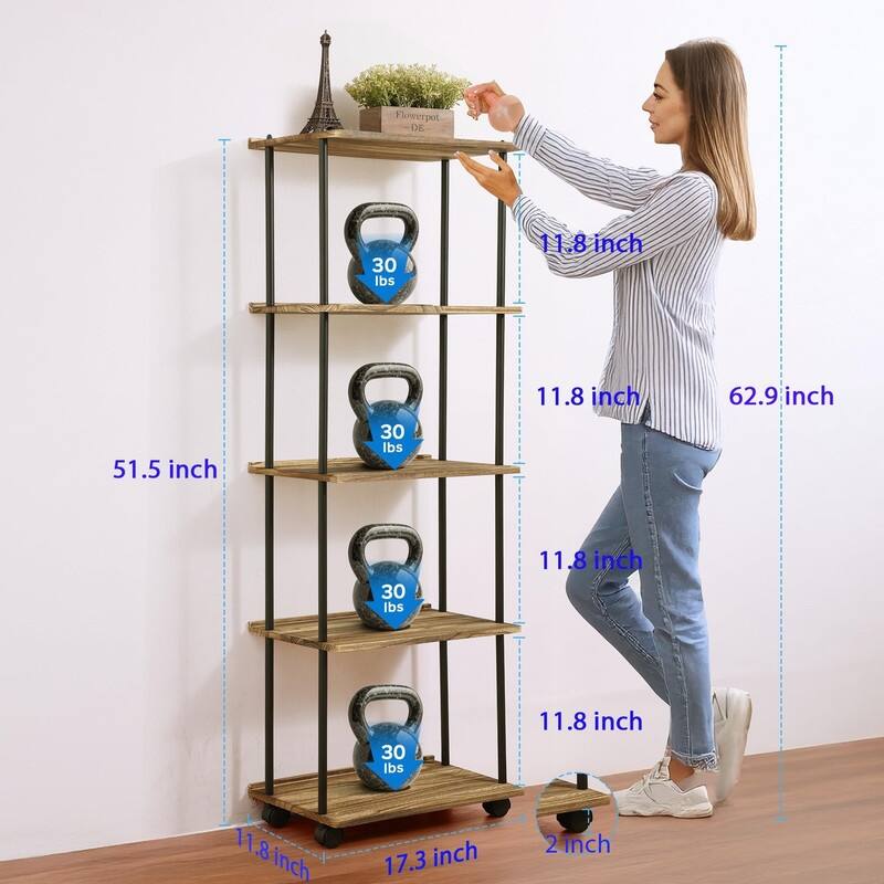 Small Bookshelf with Wheels - 17.32"D x 11.81"W x 51.57"H