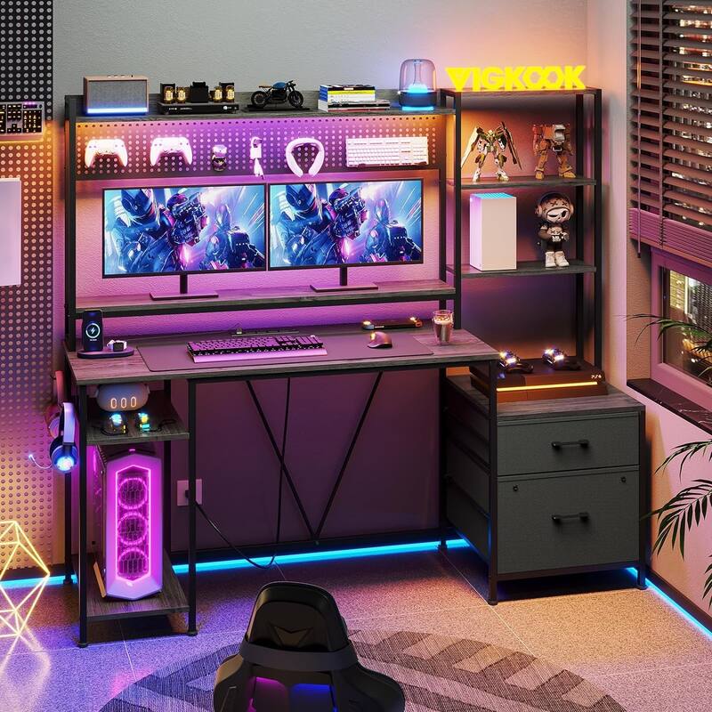 Computer Desk Gaming Desk 2 Drawers Shelves Pegboard 8 Hooks