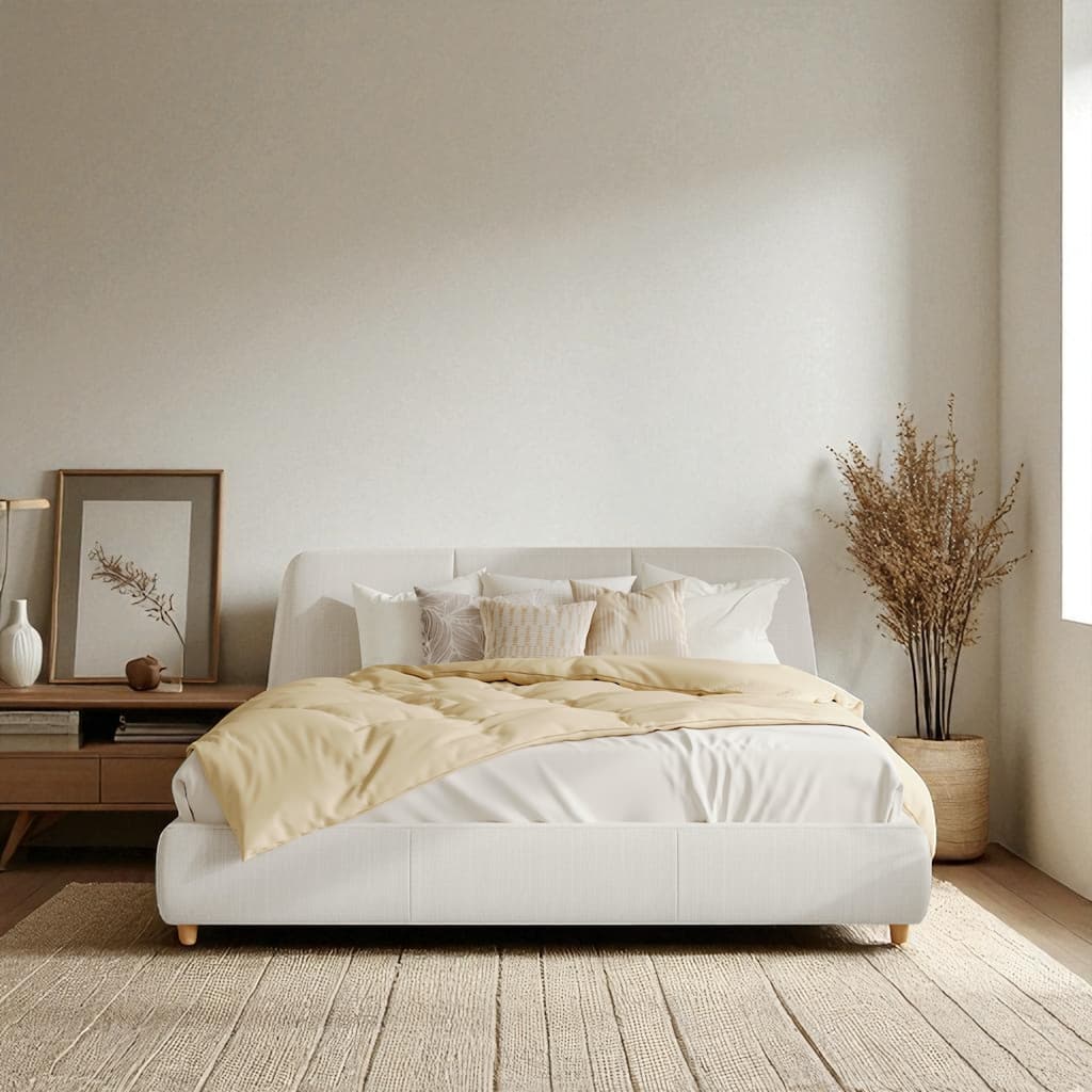 Queen/King Size Upholstered Platform Bed Frame with Linen Blend Fabric, Solid Wood Legs, No Box Spring Required